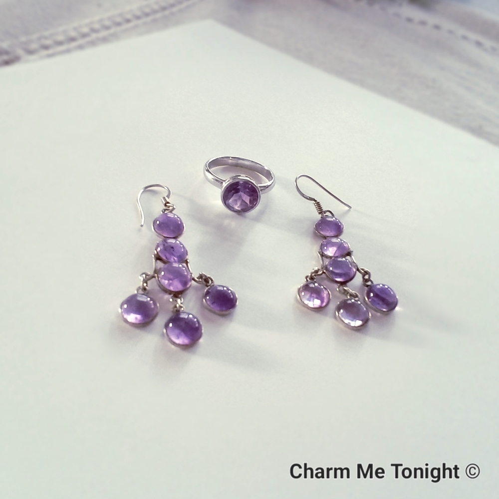 Amethyst Gemstone Dangle Earring & Ring Set - .925 Sterling Silver - Size: 7